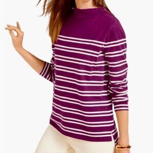 Talbots Mock Neck Button Detail Striped Knit Top in Magenta/White Women’s LP